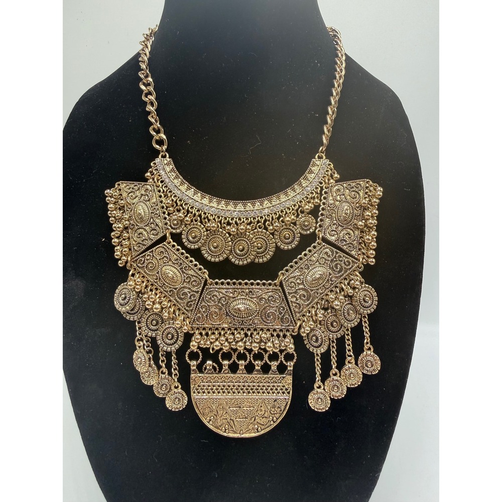 Z Brand Antiqued Gold Tone Boho Tribal Bib‎ Statement Necklace Coin Charms